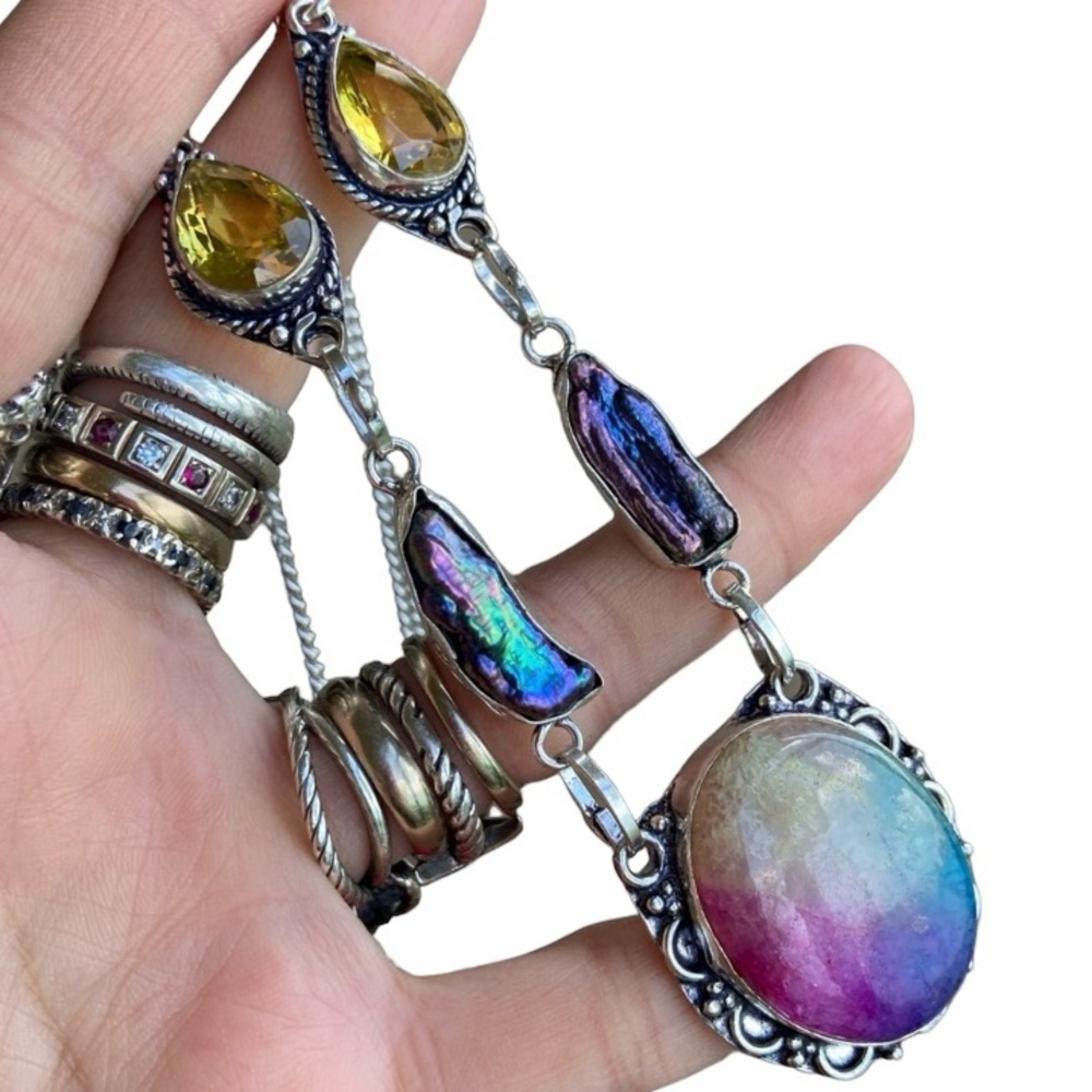 925 sterling silver overlay citrine black pearl Rainbow solar quartz necklace - Picture 2 of 15